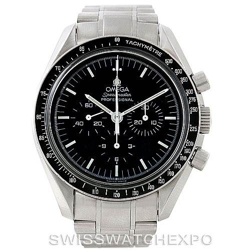 The image shows a frontal view of the Omega Speedmaster Men
s Stainless Steel Black Dial Men
s Stainless Steel Black Dial watch, displaying the dial, bezel with tachymeter scale, and stainless steel bracelet.