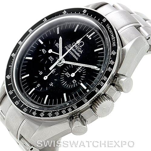 The Omega Speedmaster Men
s Stainless Steel Black Dial Men
s Stainless Steel Black Dial watch is shown at an angled view, displaying the black dial, tachymeter bezel, and stainless steel band.