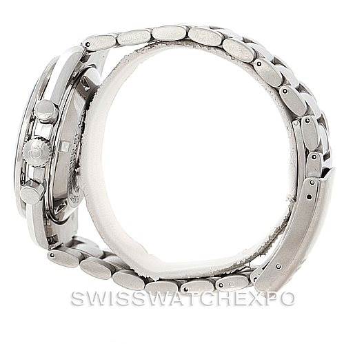 The image shows a side view of an Omega Speedmaster Men
s Stainless Steel Black Dial Men
s Stainless Steel Black Dial watch, highlighting the case, crown, pushers, and metal bracelet.