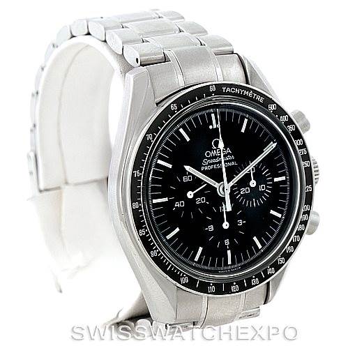 The image shows an Omega Speedmaster Men
s Stainless Steel Black Dial Men
s Stainless Steel Black Dial watch at a three-quarter angle, displaying its face, bezel, and part of the bracelet.