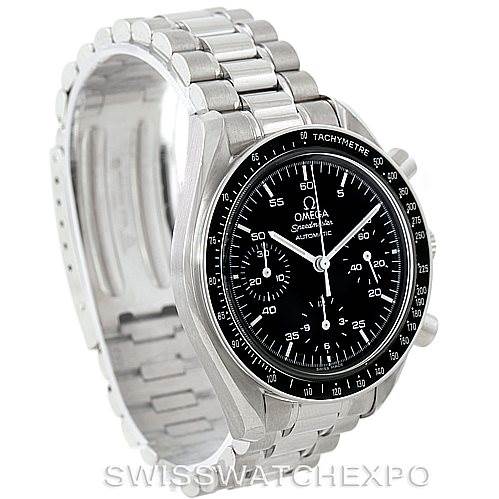 The image shows an angled view of an Omega Speedmaster 3510.50.00 Men
s Stainless Steel Black Dial 3510.50.00 Men
s Stainless Steel Black Dial watch, highlighting its stainless steel bracelet, bezel, and dial with tachymeter scale.