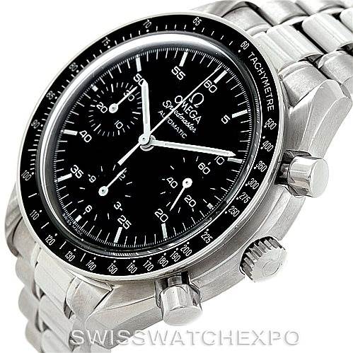 The image shows an Omega Speedmaster 3510.50.00 Men
s Stainless Steel Black Dial 3510.50.00 Men
s Stainless Steel Black Dial watch at an angled view, highlighting the face, bezel, crown, and stainless steel bracelet.