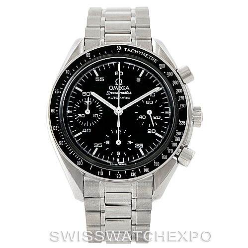 This image shows a front view of the Omega Speedmaster 3510.50.00 Men
s Stainless Steel Black Dial 3510.50.00 Men
s Stainless Steel Black Dial watch, displaying its dial, bezel, pushers, and metal bracelet.