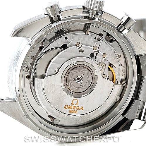 The image shows the back view of the Omega Speedmaster 3510.50.00 Men
s Stainless Steel Black Dial 3510.50.00 Men
s Stainless Steel Black Dial, highlighting its exposed mechanical movement and Omega branding.