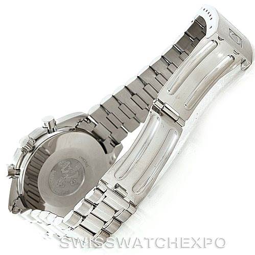 The image shows the back and bracelet of an Omega Speedmaster 3510.50.00 Men
s Stainless Steel Black Dial 3510.50.00 Men
s Stainless Steel Black Dial watch, highlighting the clasp and engraved case back.