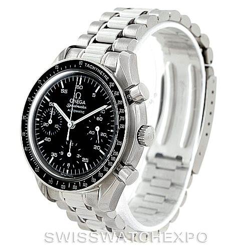 This image shows an Omega Speedmaster 3510.50.00 Men
s Stainless Steel Black Dial 3510.50.00 Men
s Stainless Steel Black Dial watch, angled to highlight the face, bezel, crown, pushers, and stainless steel bracelet.