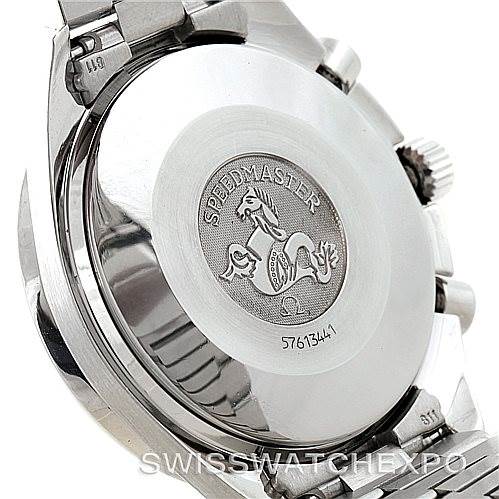 The image shows the back case of an Omega Speedmaster 3510.50.00 Men
s Stainless Steel Black Dial 3510.50.00 Men
s Stainless Steel Black Dial watch, displaying the engraved logo and serial number on the stainless steel.