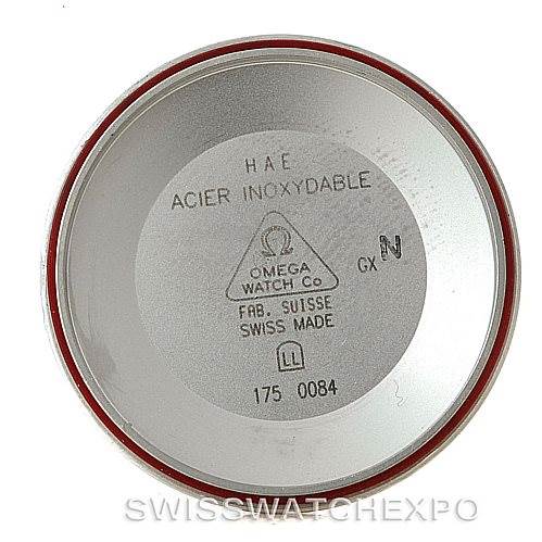 This image shows the inside of the case back of an Omega Speedmaster 3520.50.00 Men
s Stainless Steel Black Dial 3520.50.00 Men
s Stainless Steel Black Dial watch, highlighting inscriptions and brand markings.