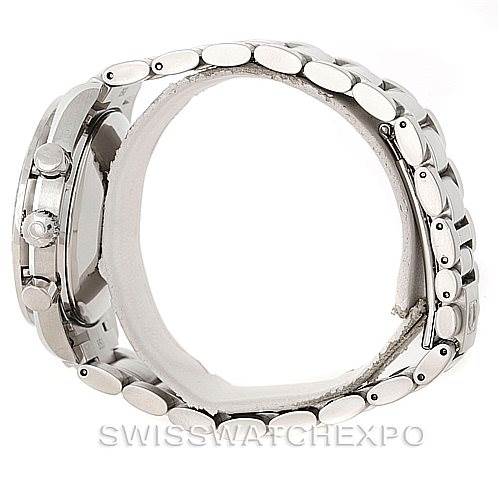 The image shows the Omega Speedmaster 3520.50.00 Men
s Stainless Steel Black Dial 3520.50.00 Men
s Stainless Steel Black Dial watch from a side angle, highlighting its case and metal bracelet.