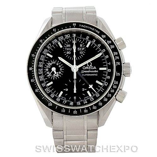 The image shows a front view of an Omega Speedmaster 3520.50.00 Men
s Stainless Steel Black Dial 3520.50.00 Men
s Stainless Steel Black Dial watch, highlighting its black dial, chronograph subdials, and stainless steel bracelet.