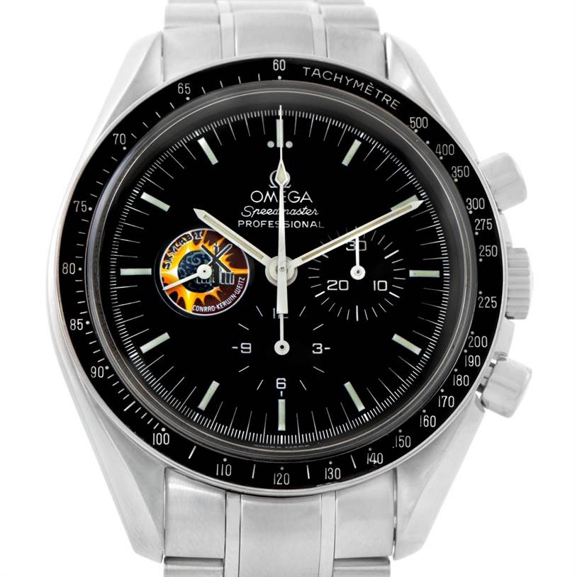The image shows a frontal view of an Omega Speedmaster 3597.21.00 Men
s Stainless Steel Black Dial 3597.21.00 Men
s Stainless Steel Black Dial watch, highlighting the dial, bezel, and part of the bracelet.