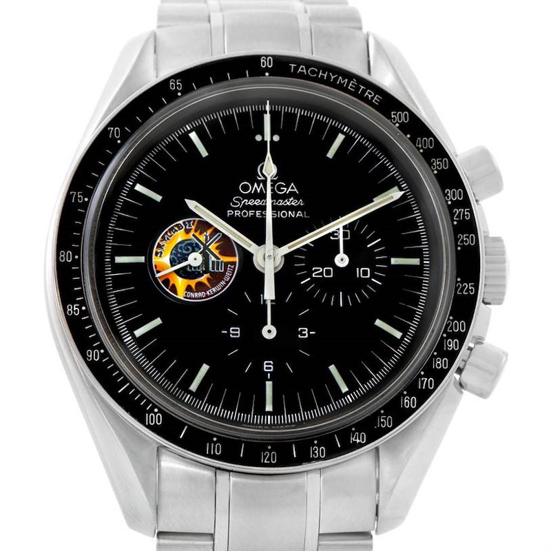 The image shows a frontal view of an Omega Speedmaster watch, highlighting the dial, bezel, and part of the bracelet.