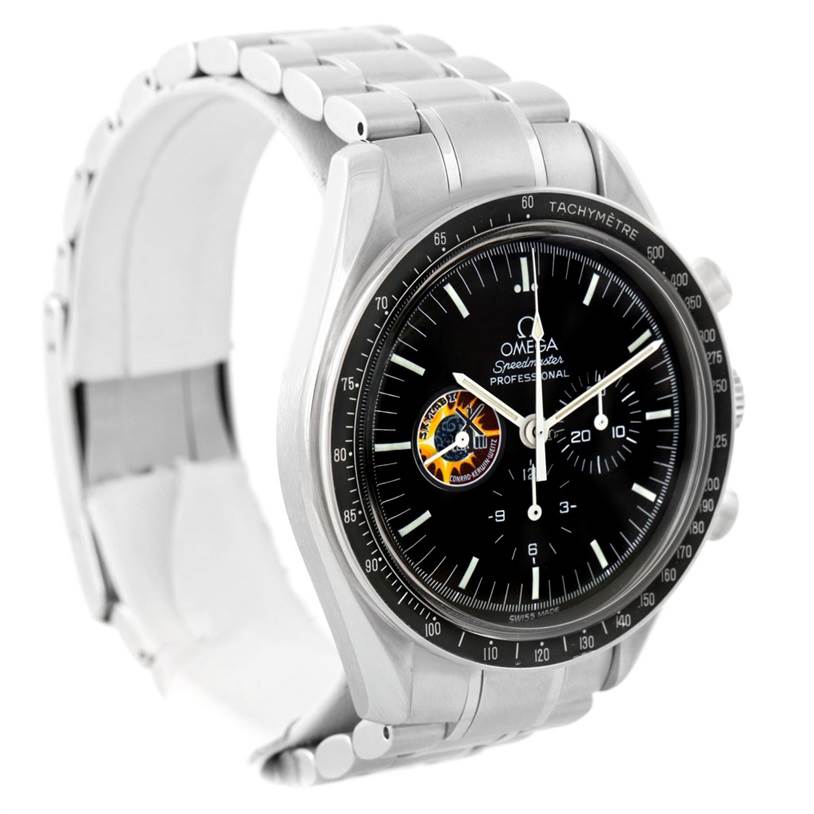 The image shows a side angle of an Omega Speedmaster 3597.21.00 Men
s Stainless Steel Black Dial 3597.21.00 Men
s Stainless Steel Black Dial watch, highlighting the face, bezel, and metal bracelet.