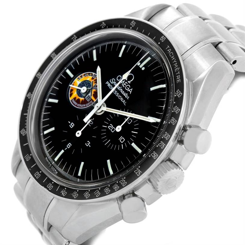 The image shows an Omega Speedmaster 3597.21.00 Men
s Stainless Steel Black Dial 3597.21.00 Men
s Stainless Steel Black Dial watch from an angled view, highlighting the bezel, dial, pushers, and bracelet.