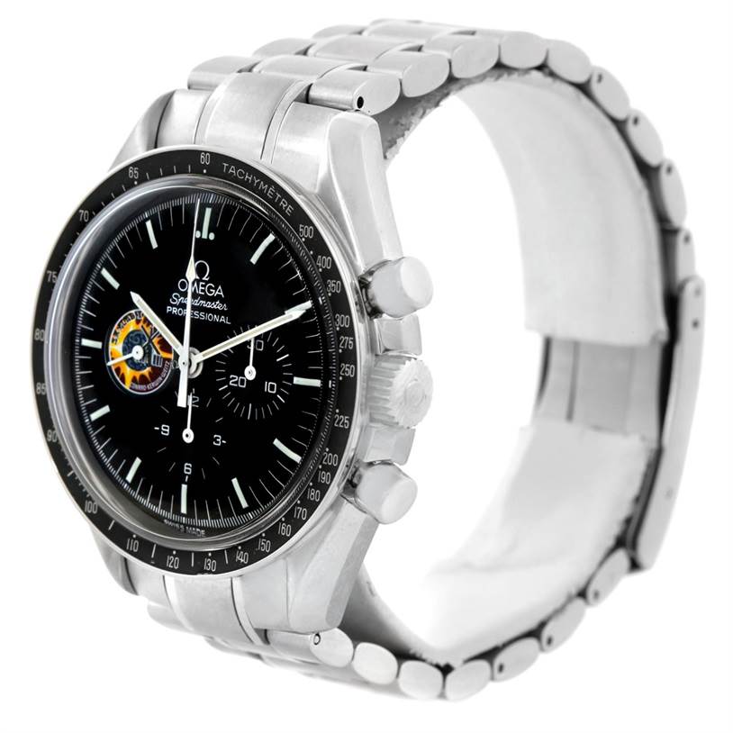 The image shows an Omega Speedmaster 3597.21.00 Men
s Stainless Steel Black Dial 3597.21.00 Men
s Stainless Steel Black Dial watch at a three-quarter angle, highlighting its face, bezel, crown, and bracelet.