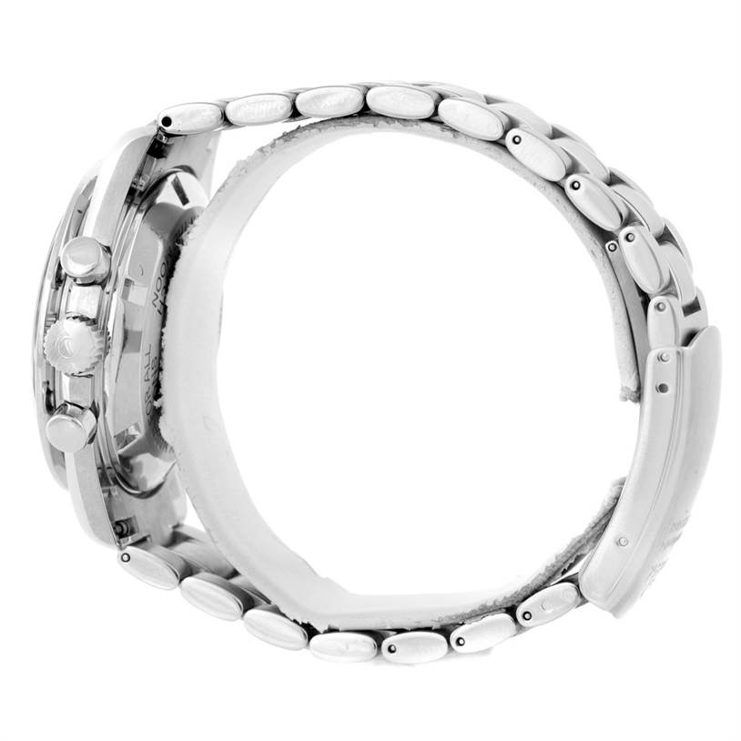 This side-view image of the Omega Speedmaster 3597.21.00 Men
s Stainless Steel Black Dial 3597.21.00 Men
s Stainless Steel Black Dial watch shows its metal bracelet, side crown, and chronograph pushers.