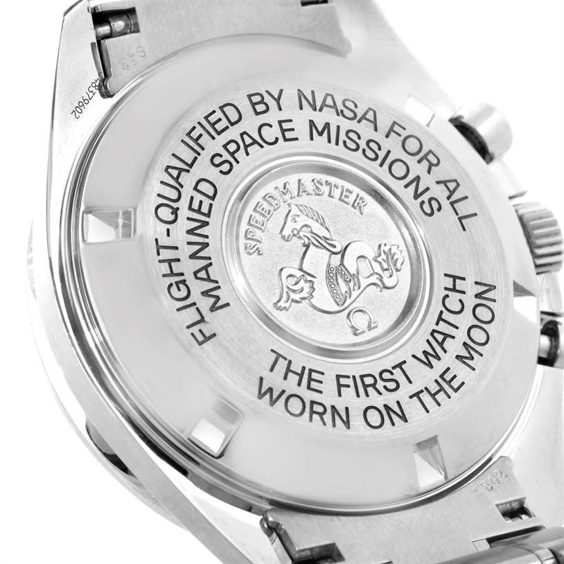 The image shows the case back of an Omega Speedmaster 3597.21.00 Men
s Stainless Steel Black Dial 3597.21.00 Men
s Stainless Steel Black Dial watch, highlighting its engraved text and emblem.