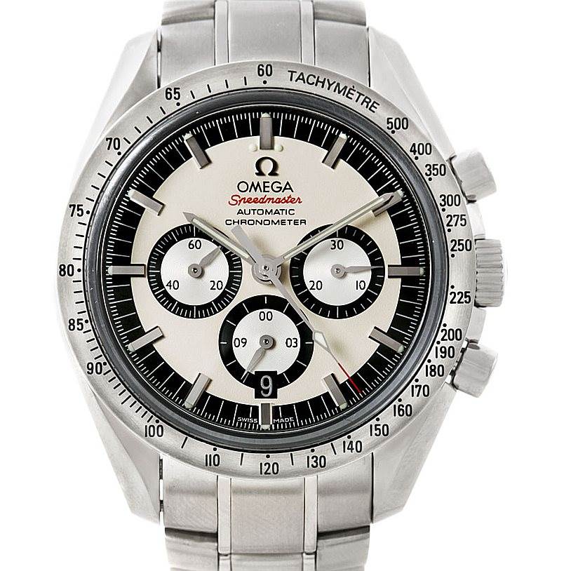 This Omega Speedmaster 3506.31.00 Men
s Stainless Steel Silver Dial 3506.31.00 Men
s Stainless Steel Silver Dial watch is shown from a top-down angle, displaying the face, bezel, and part of the bracelet.