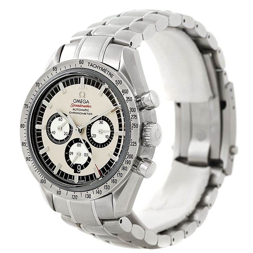 The image shows an Omega Speedmaster 3506.31.00 Men
s Stainless Steel Silver Dial 3506.31.00 Men
s Stainless Steel Silver Dial watch at a three-quarter angle, displaying its face, bezel, pushers, and bracelet.