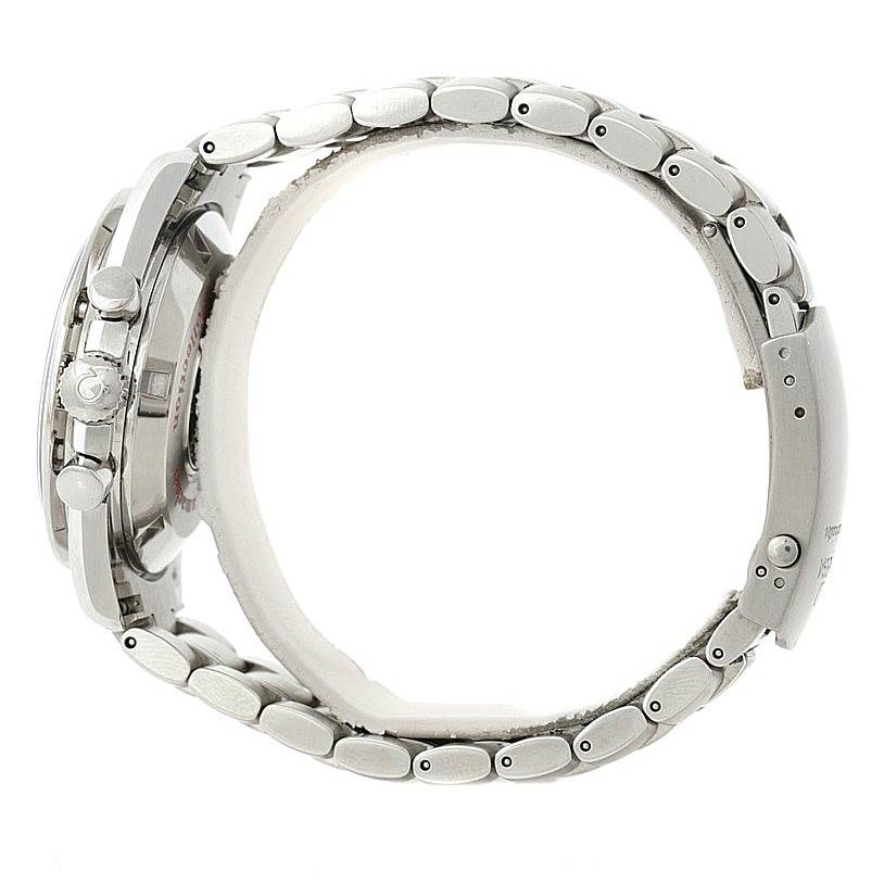 This image displays the Omega Speedmaster 3506.31.00 Men
s Stainless Steel Silver Dial 3506.31.00 Men
s Stainless Steel Silver Dial watch from a side angle, showing its bracelet, clasp, case, and chronograph pushers.