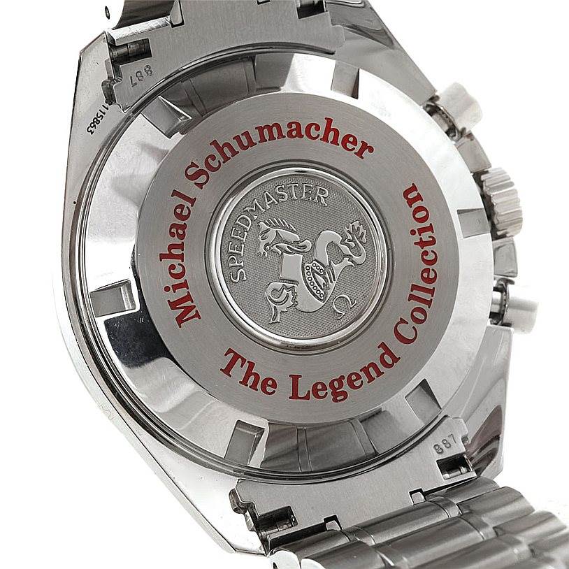 This image shows the back of an Omega Speedmaster 3506.31.00 Men
s Stainless Steel Silver Dial 3506.31.00 Men
s Stainless Steel Silver Dial watch from the Legend Collection, featuring engraving and a metal bracelet.