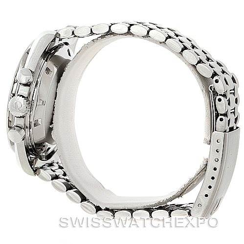 The image shows the side view of an Omega Speedmaster Men
s Stainless Steel Black Dial Men
s Stainless Steel Black Dial watch, highlighting the case, crown, pushers, and part of the bracelet.