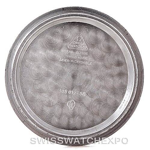 This is the inside case back of an Omega Speedmaster Men
s Stainless Steel Black Dial Men
s Stainless Steel Black Dial watch, showing engravings and model information.