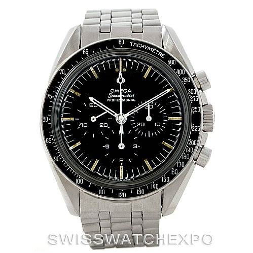 This image shows a frontal view of the Omega Speedmaster Men
s Stainless Steel Black Dial Men
s Stainless Steel Black Dial, highlighting the dial, tachymeter bezel, and bracelet.