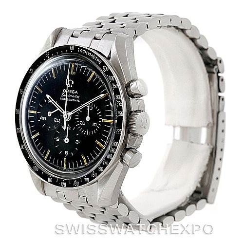 The image shows a side view of the Omega Speedmaster Men
s Stainless Steel Black Dial Men
s Stainless Steel Black Dial watch, highlighting the bezel, dial, crown, pushers, and stainless steel bracelet.