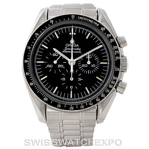 The image shows a front view of an Omega Speedmaster 145.022 Men
s Stainless Steel Black Dial 145.022 Men
s Stainless Steel Black Dial Professional watch, highlighting its face, bezel, and metal bracelet.