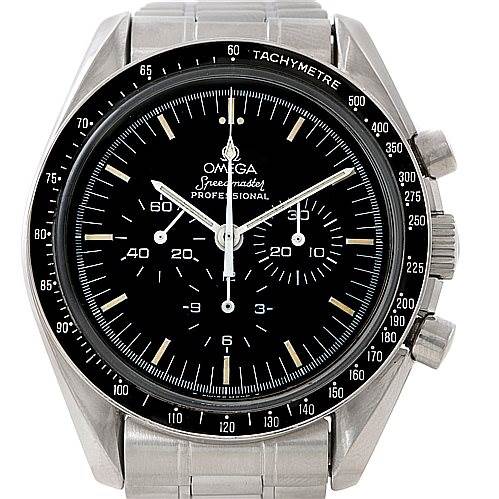 The Omega Speedmaster 145.022 Men
s Stainless Steel Black Dial 145.022 Men
s Stainless Steel Black Dial watch is shown from a front angle, displaying its face, bezel, and side pushers.