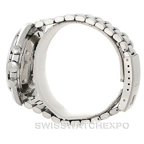 The image shows a side view of an Omega Speedmaster 145.022 Men
s Stainless Steel Black Dial 145.022 Men
s Stainless Steel Black Dial watch, highlighting the case, crown, pushers, and bracelet.