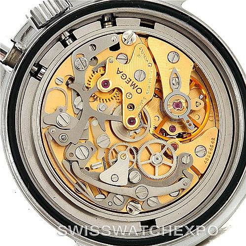 The image shows the intricate movement mechanism of an Omega Speedmaster 145.022 Men
s Stainless Steel Black Dial 145.022 Men
s Stainless Steel Black Dial watch from a rear view.