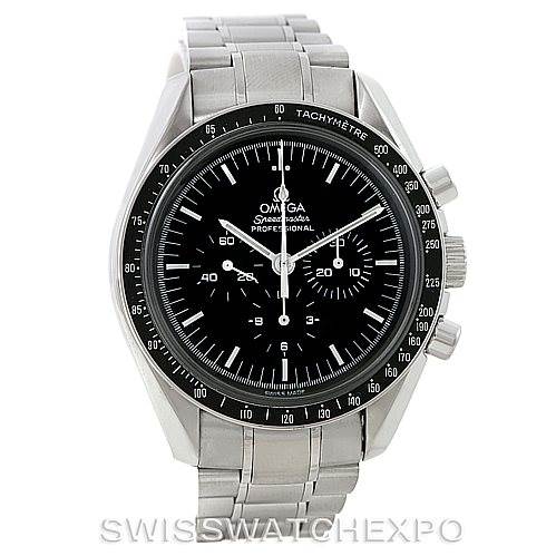 The image shows a front view of the Omega Speedmaster 3570.50.00 Men
s Stainless Steel Black Dial 3570.50.00 Men
s Stainless Steel Black Dial watch, highlighting its black dial, tachymeter bezel, and stainless steel bracelet.