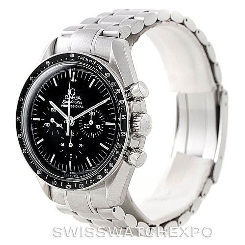 The Omega Speedmaster 3570.50.00 Men
s Stainless Steel Black Dial 3570.50.00 Men
s Stainless Steel Black Dial watch is shown at a slight angle, highlighting the dial, chronograph pushers, crown, and stainless steel bracelet.
