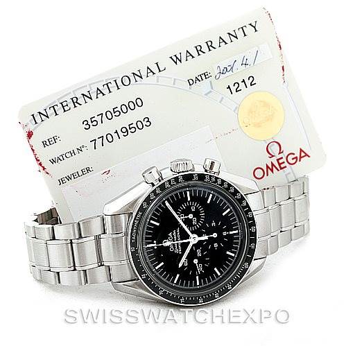 The Omega Speedmaster 3570.50.00 Men
s Stainless Steel Black Dial 3570.50.00 Men
s Stainless Steel Black Dial watch is shown at a front angle, accompanied by its international warranty card.