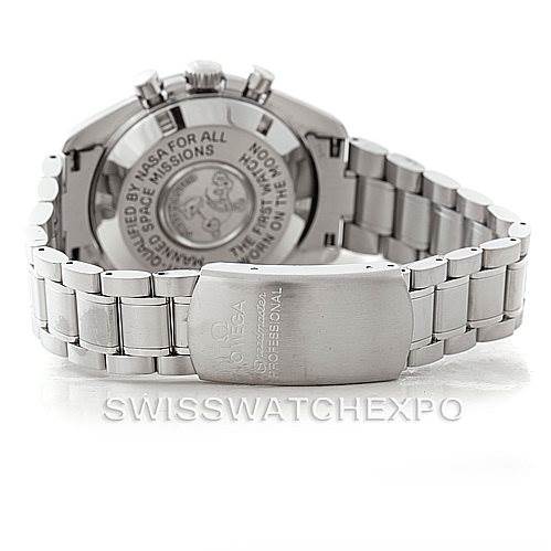 The image shows the back of an Omega Speedmaster 3570.50.00 Men
s Stainless Steel Black Dial 3570.50.00 Men
s Stainless Steel Black Dial watch, including the case back and bracelet.