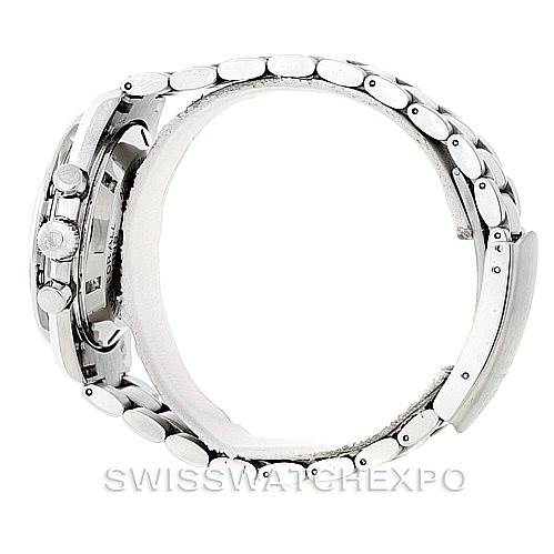 This image shows a side view of the Omega Speedmaster 3570.50.00 Men
s Stainless Steel Black Dial 3570.50.00 Men
s Stainless Steel Black Dial watch, highlighting its case, crown, pusher buttons, and metal bracelet.