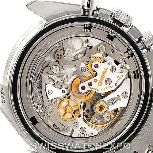 The image shows the intricate inner mechanisms of the Omega Speedmaster 3570.50.00 Men
s Stainless Steel Black Dial 3570.50.00 Men
s Stainless Steel Black Dial watch from a rear angle with the case back removed.