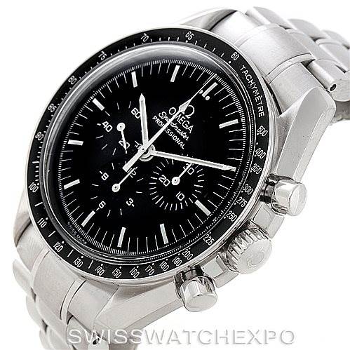 The image shows an angled view of the Omega Speedmaster 3570.50.00 Men
s Stainless Steel Black Dial 3570.50.00 Men
s Stainless Steel Black Dial watch, highlighting its bezel, crown, pushers, and bracelet.
