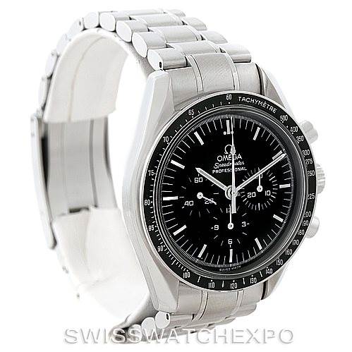 The Omega Speedmaster 3570.50.00 Men
s Stainless Steel Black Dial 3570.50.00 Men
s Stainless Steel Black Dial watch is shown at a slight angle, displaying its face, bezel, and part of its metal bracelet.