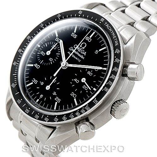 This image shows a front-angle view of the Omega Speedmaster 3510.50.00 Men
s Stainless Steel Black Dial 3510.50.00 Men
s Stainless Steel Black Dial watch, focusing on the dial, bezel, and bracelet.