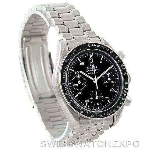 This image shows an Omega Speedmaster 3510.50.00 Men
s Stainless Steel Black Dial 3510.50.00 Men
s Stainless Steel Black Dial watch at a three-quarter angle, highlighting its black dial, tachymeter bezel, and stainless steel bracelet.