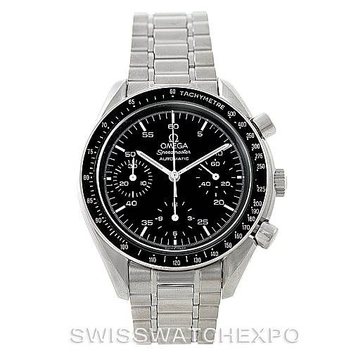 This image shows a front view of an Omega Speedmaster 3510.50.00 Men
s Stainless Steel Black Dial 3510.50.00 Men
s Stainless Steel Black Dial watch, highlighting its face, tachymeter, and stainless steel bracelet.