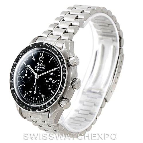 The image shows an Omega Speedmaster 3510.50.00 Men
s Stainless Steel Black Dial 3510.50.00 Men
s Stainless Steel Black Dial watch at a three-quarter angle, highlighting the dial, bezel, case, and bracelet.