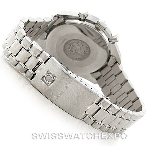 The image shows the back case and bracelet of an Omega Speedmaster 3510.50.00 Men
s Stainless Steel Black Dial 3510.50.00 Men
s Stainless Steel Black Dial watch, focusing on the clasp and case back.