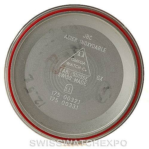 This image shows the inner case back of an Omega Speedmaster 3510.50.00 Men
s Stainless Steel Black Dial 3510.50.00 Men
s Stainless Steel Black Dial watch, featuring inscriptions and serial numbers.