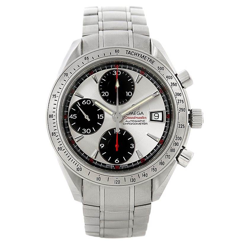 The image shows a front view of an Omega Speedmaster 3211.31.00 Men
s Stainless Steel Silver Dial 3211.31.00 Men
s Stainless Steel Silver Dial watch, highlighting its dial, sub-dials, date window, and tachymeter bezel.