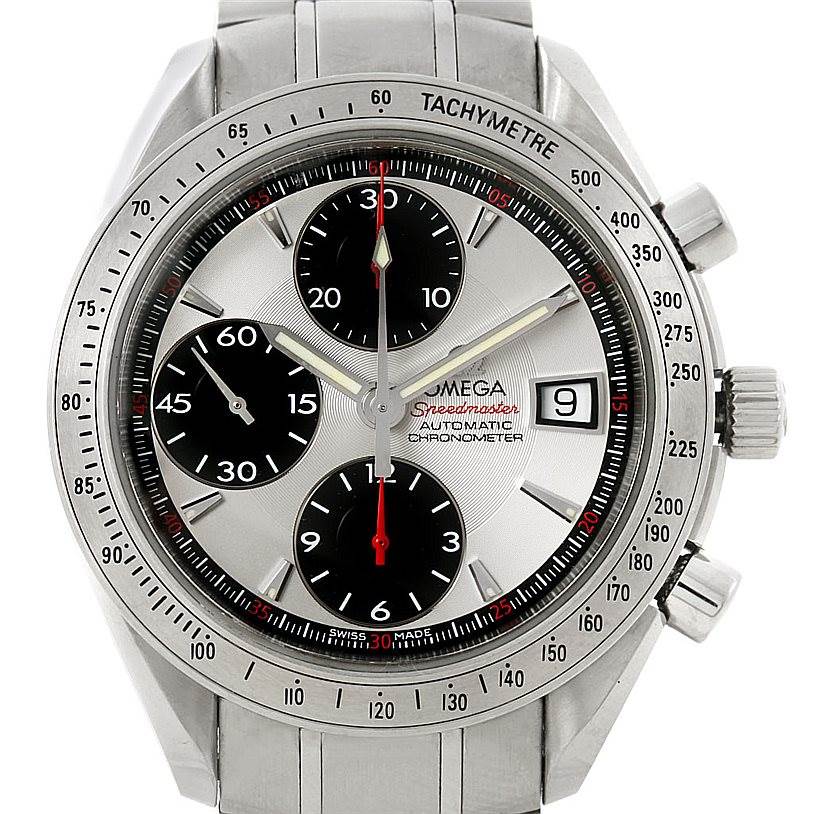 This image shows the front view of the Omega Speedmaster 3211.31.00 Men
s Stainless Steel Silver Dial 3211.31.00 Men
s Stainless Steel Silver Dial watch, highlighting its dials, tachymeter, and stainless steel band.