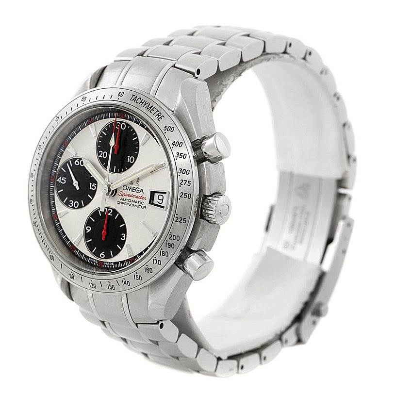 This image shows an Omega Speedmaster 3211.31.00 Men
s Stainless Steel Silver Dial 3211.31.00 Men
s Stainless Steel Silver Dial watch at an oblique angle, highlighting its face, chronograph dials, and metal bracelet.